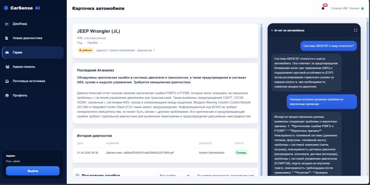 Карточка автомобиля CarSense AI с AI-анализом, историей диагностик и AI-чатом