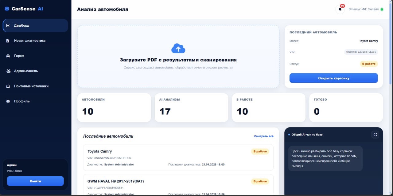 Дашборд CarSense AI с загрузкой отчёта, статистикой и AI-чатом